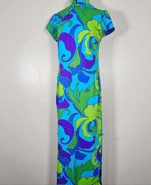 Vtg Rare 60's Retro Hawaiian Psychedelic Mandarin Collar Cheongsam Maxi Dress S